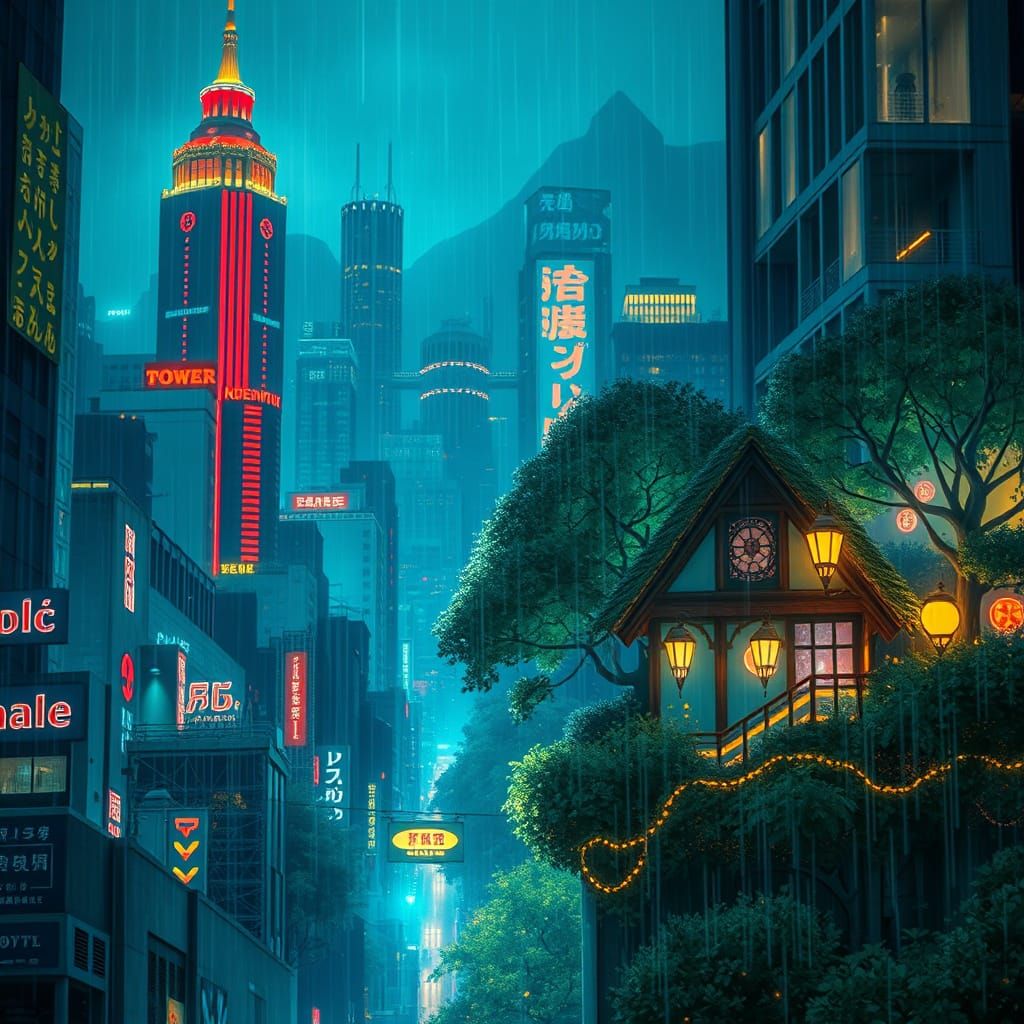 City Rain Meets Fairy Forest: Neon Glow and Enchantment