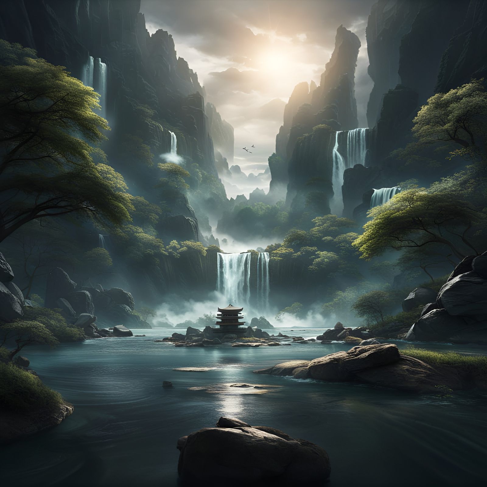 Zen Meditation with Flowing Water: Digital Matte Painting