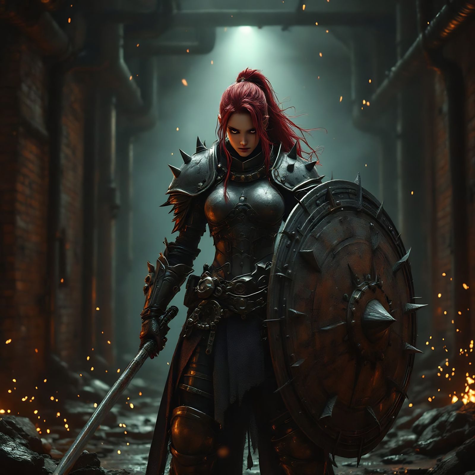 Industrial-Punk Armored Warrior in Factory Setting