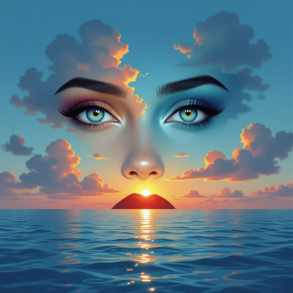 Surreal Portrait: Woman's Face Reflects Sky and Water