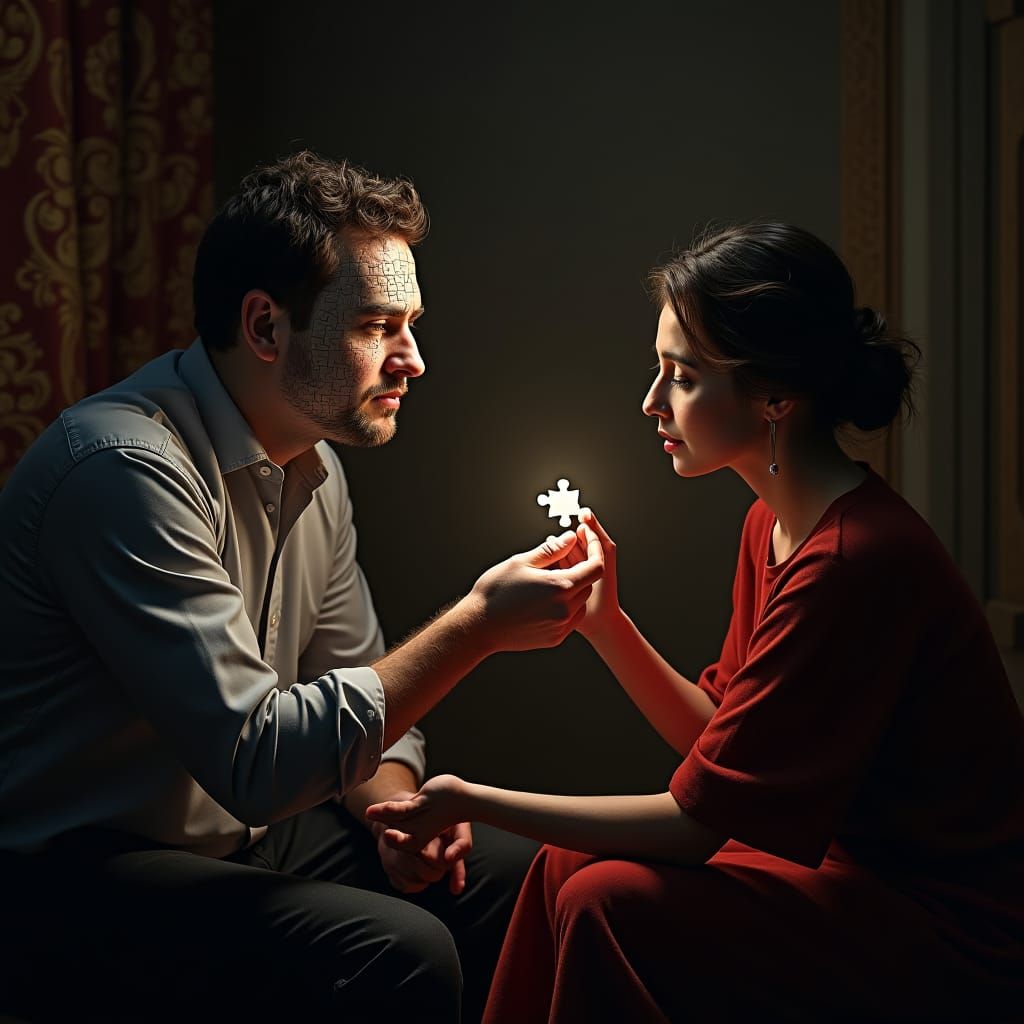 Melancholic Man Receives Puzzle Piece in Hyperrealistic Styl...