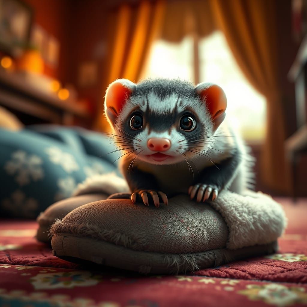 Mischievous Ferret's Slipper Hunt in Cinematic Style