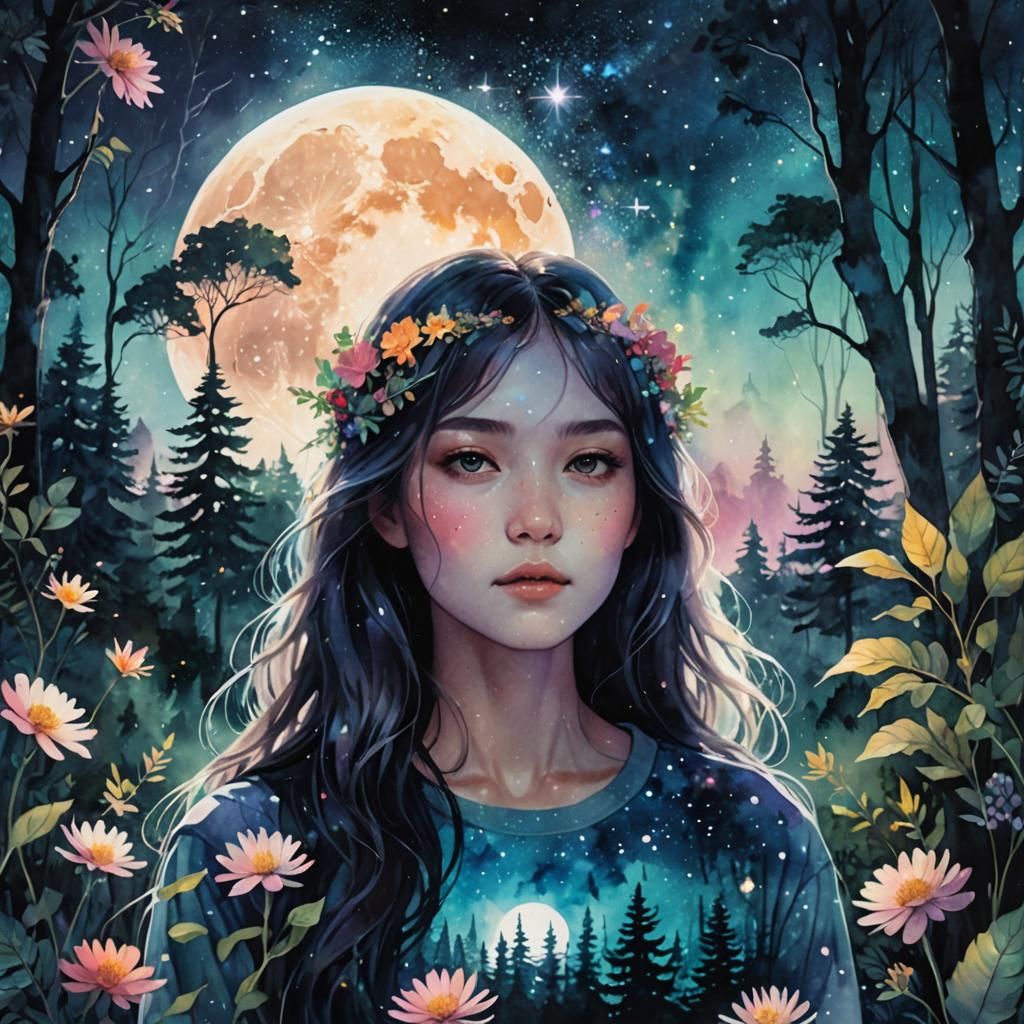 Surreal Girl Double Exposure in Dreamy Forest Landscape