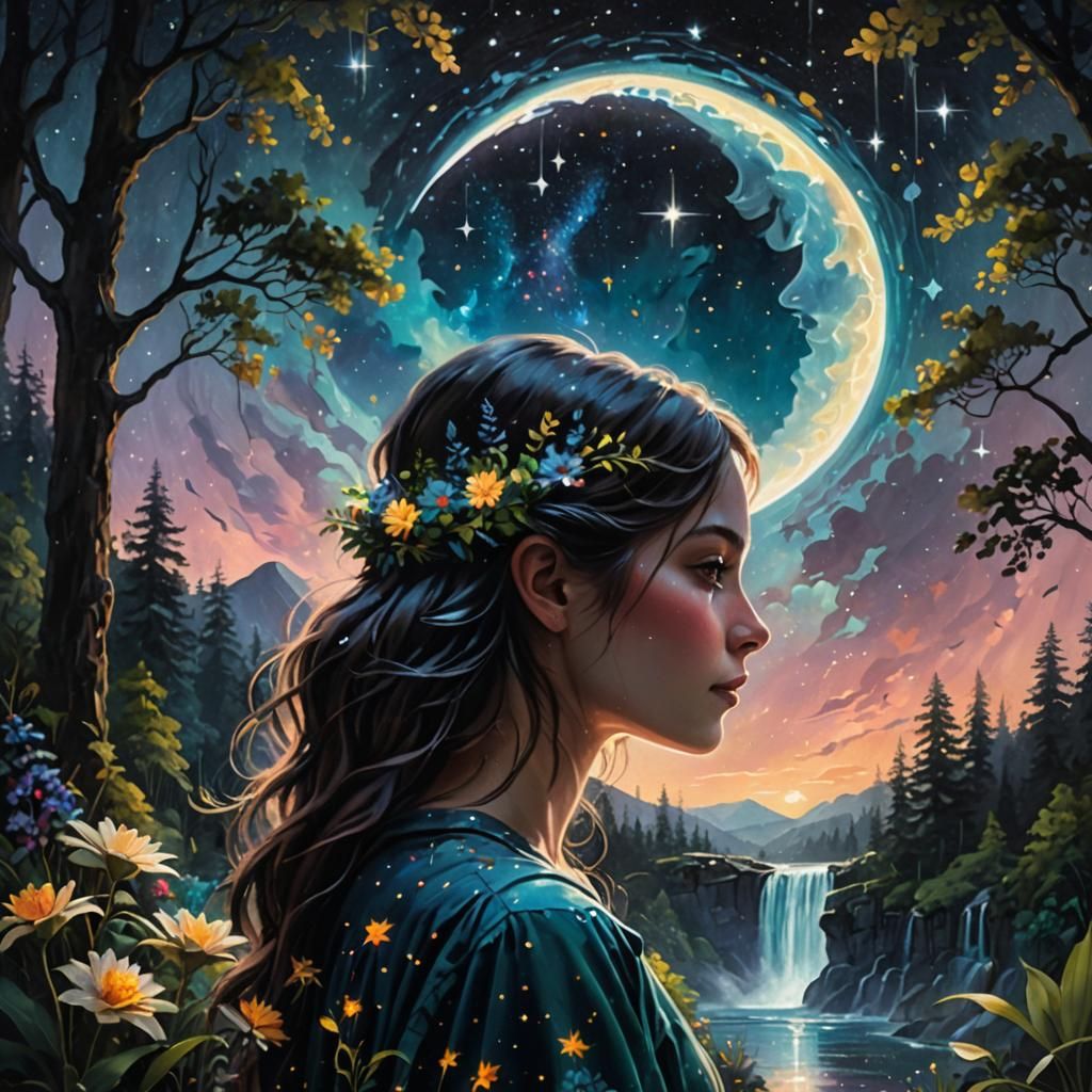 Ethereal Oil Painting of a Girl Surrounded by Forests and Ce...