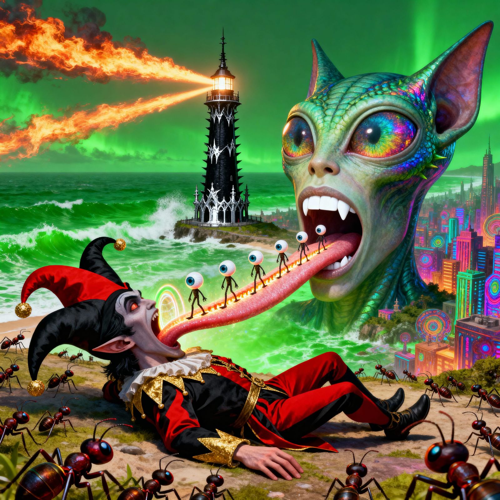 Gothic Lighthouse Erupts From Jester's Mouth Over Alien City