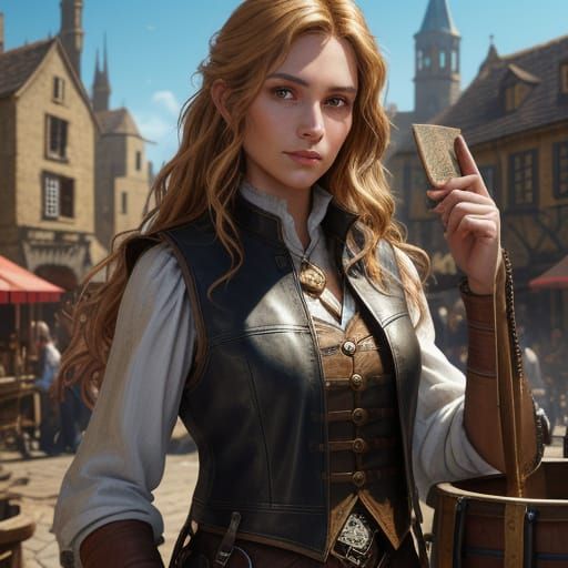 Medieval Town Scene with Woman in Leather Vest