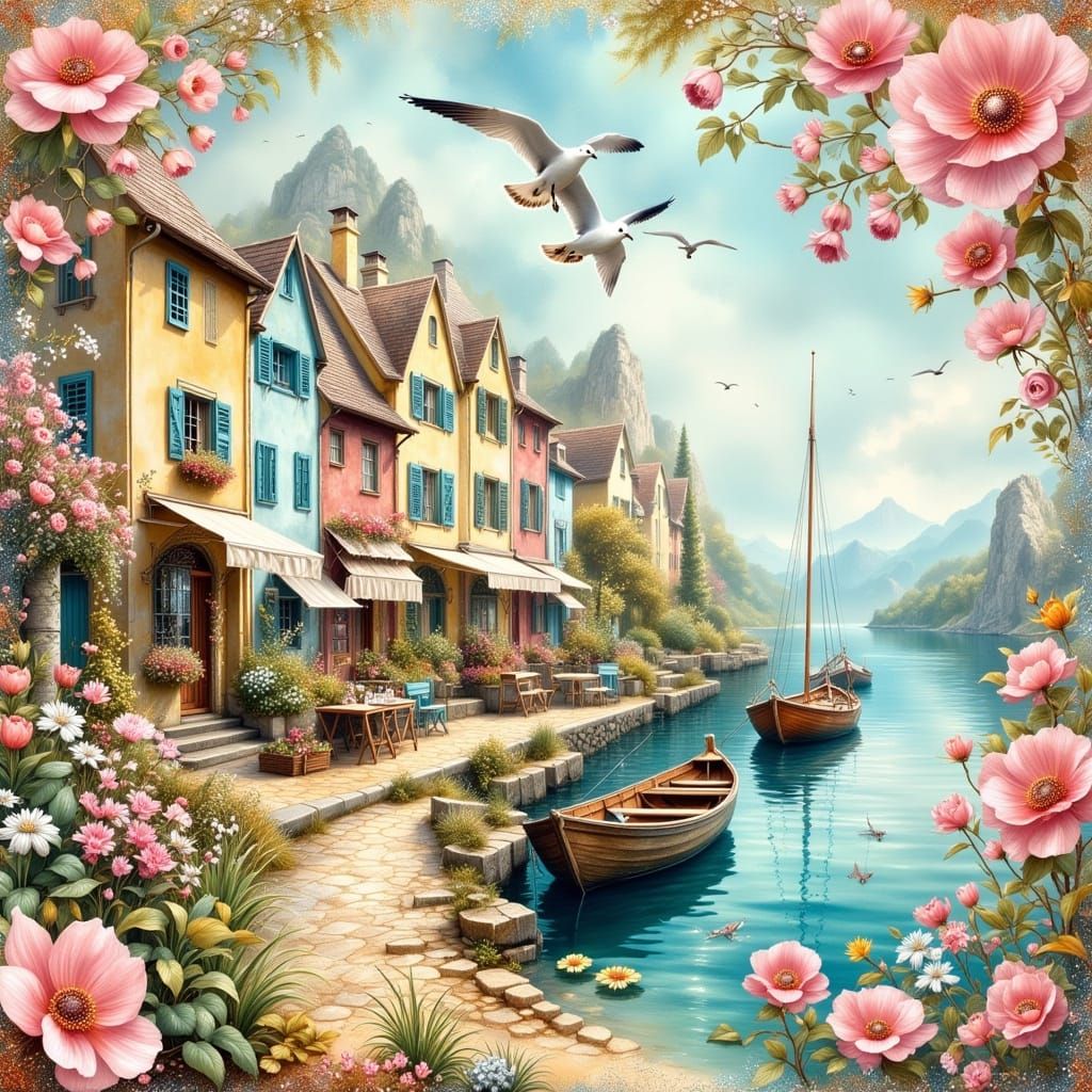 Charming Coastal Village in Whimsical Watercolor Style