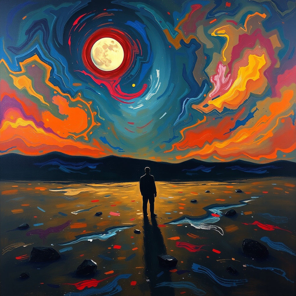 Solitary Figure in Desolate Landscape: Expressionist Dreamsc...