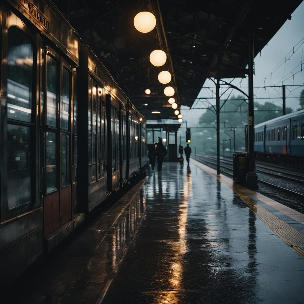 Gloomy Evening Train Station in Film Noir Style