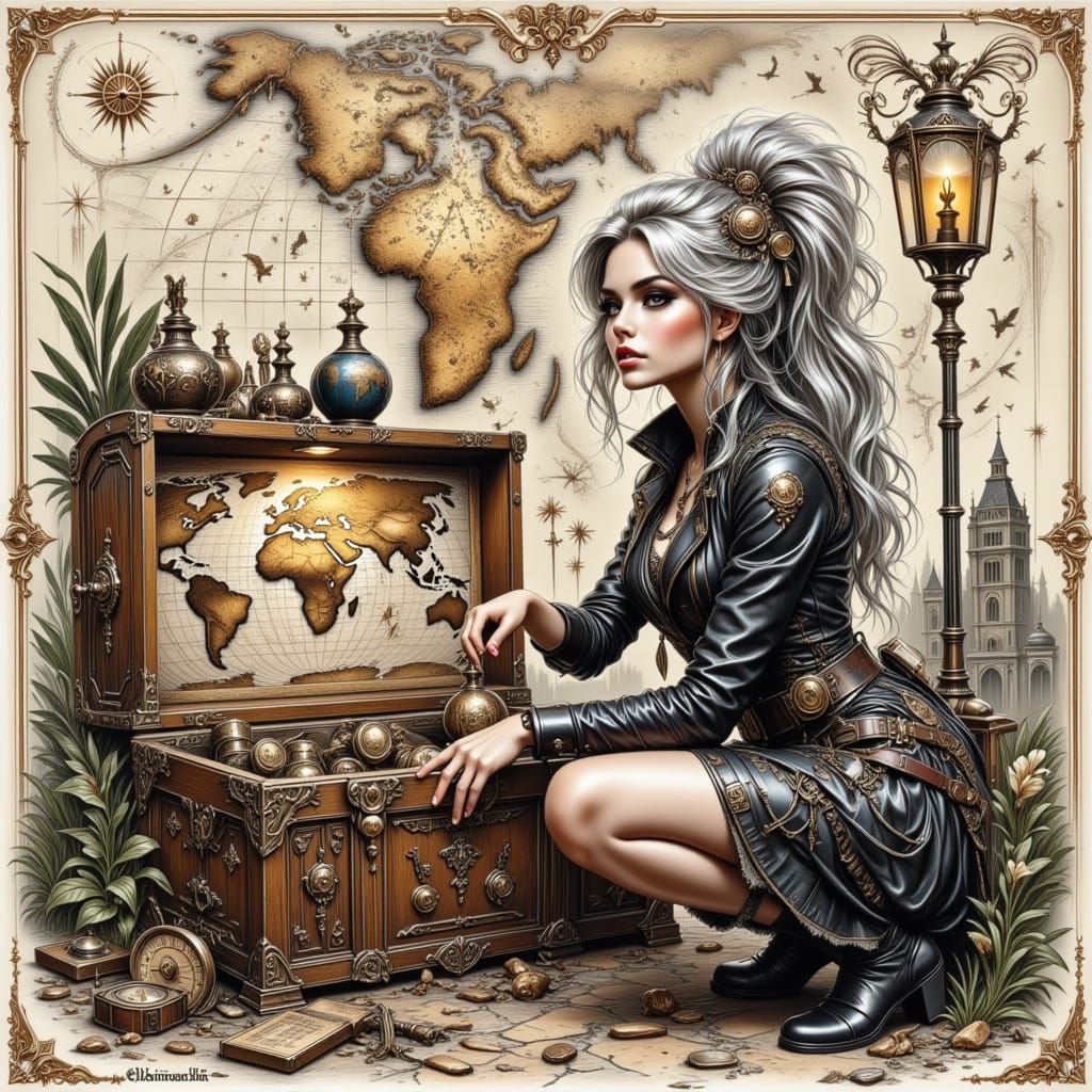 Steampunk Girl with Artifacts and African Map