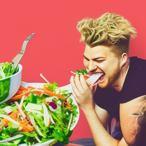Yung Gravy Laughing Eating Salad: Hyperrealistic Splash Art