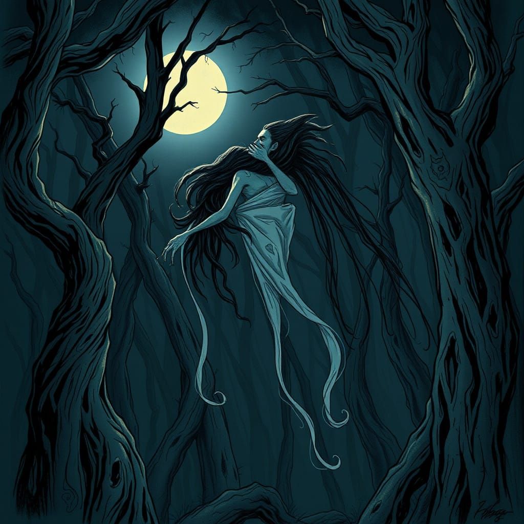 Ethereal Penanggal Spirit Soars Through Dark Forest