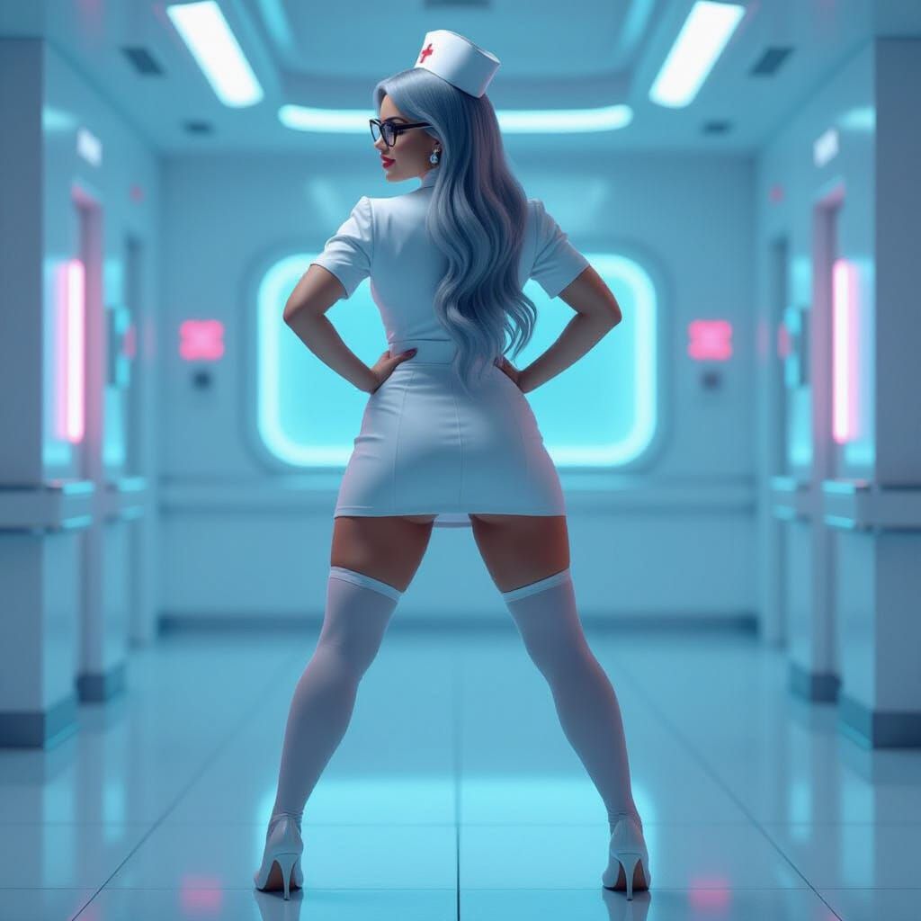 Retro-Futuristic Nurse in a Neon Hospital