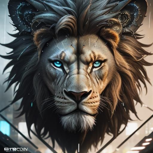 Cyberpunk Metal Lion in Dark City Alleyway