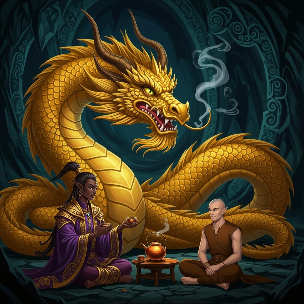 Golden Dragon and Figures Pouring Tea in Mystical Cave