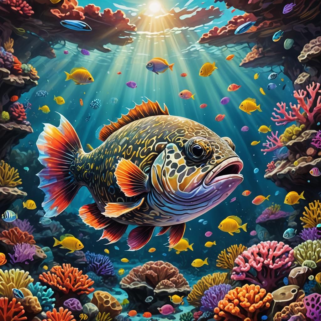 Colorful Blowfish over Coral Reef in Graffiti Style