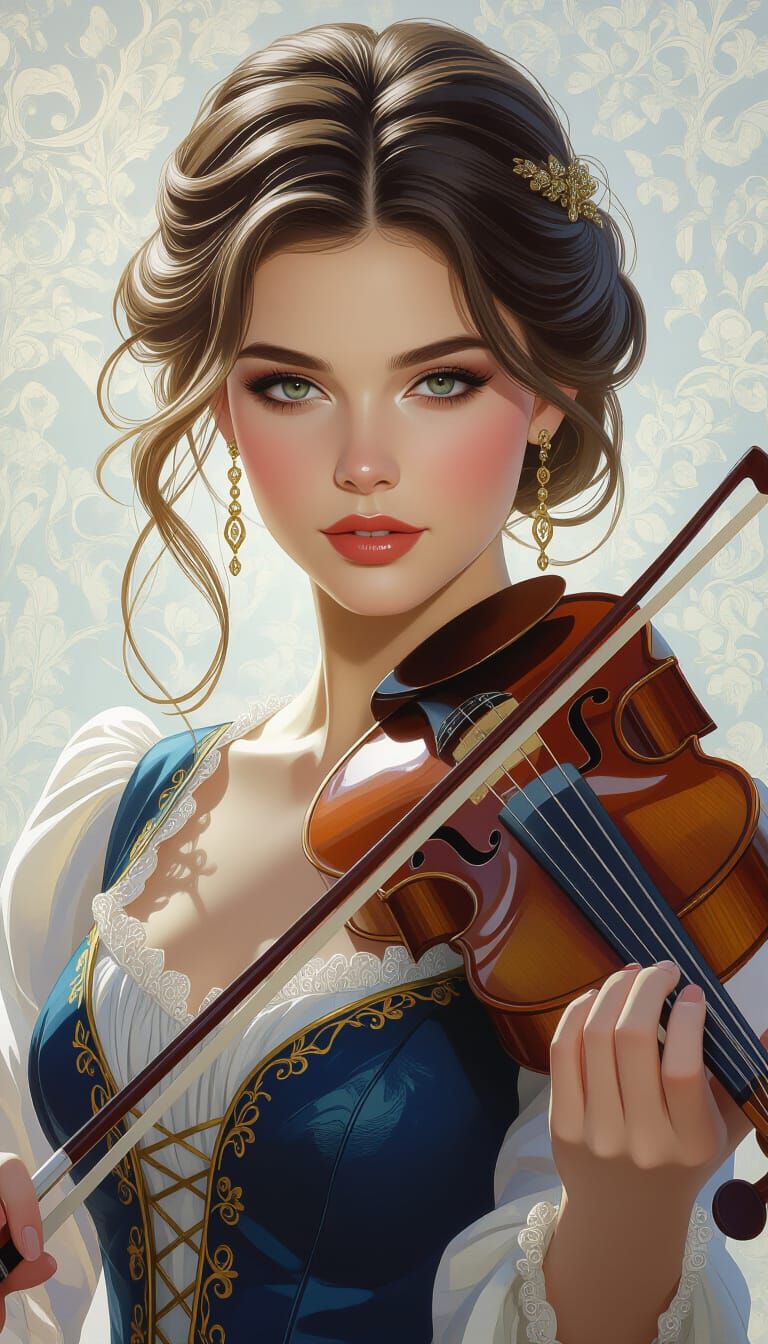 Woman Playing Music in Art Nouveau Style