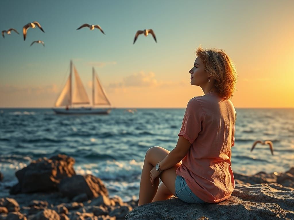 Woman Gazing at Yacht: Hyperrealistic Seascape