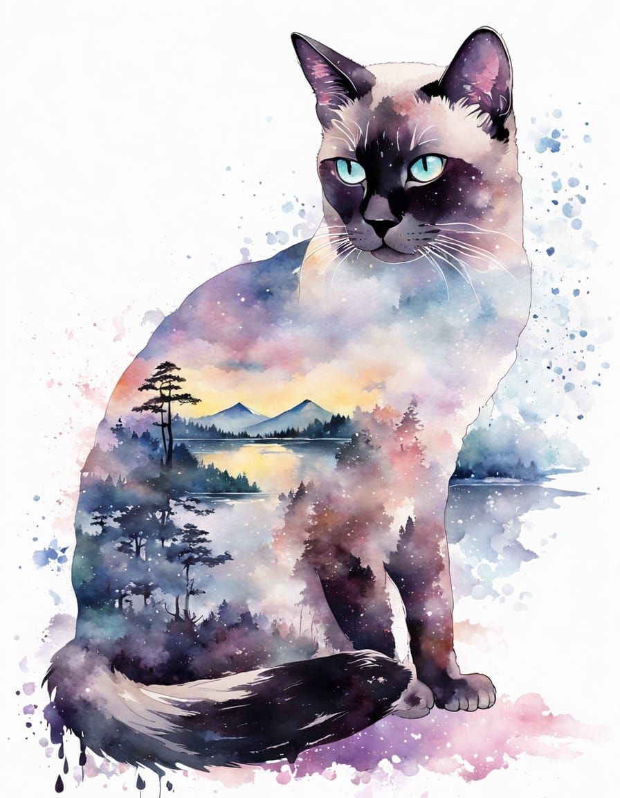 Watercolor Siamese Cat with Japanese Landscape