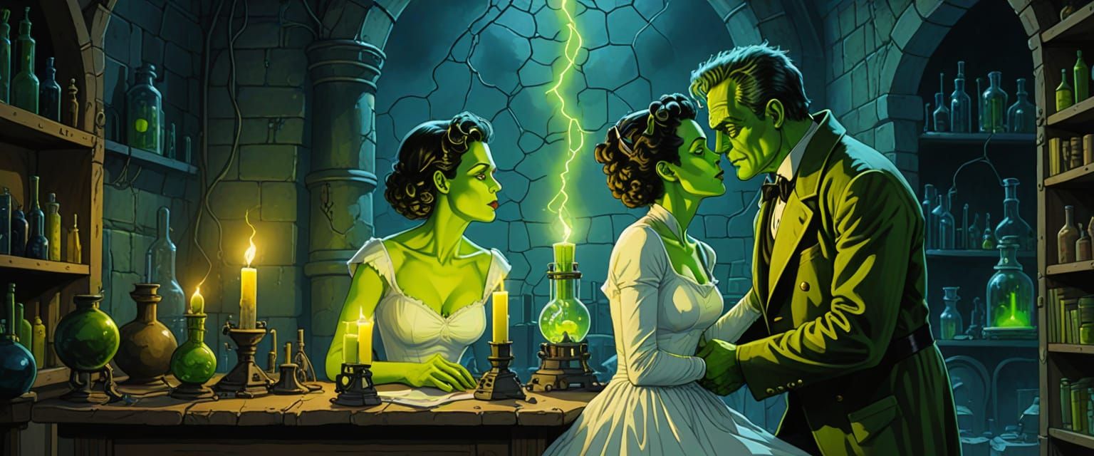 Frankenstein and Bride Kiss in Laboratory, Watercolor Style