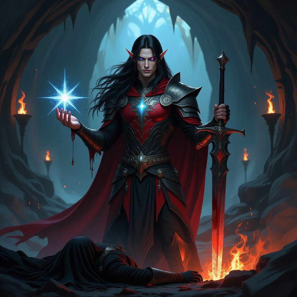 Elven Warrior with Sword in Dark Fantasy Style