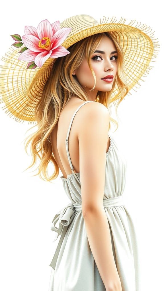 Swaying Blonde Woman in Light Dress, Straw Hat and Flower