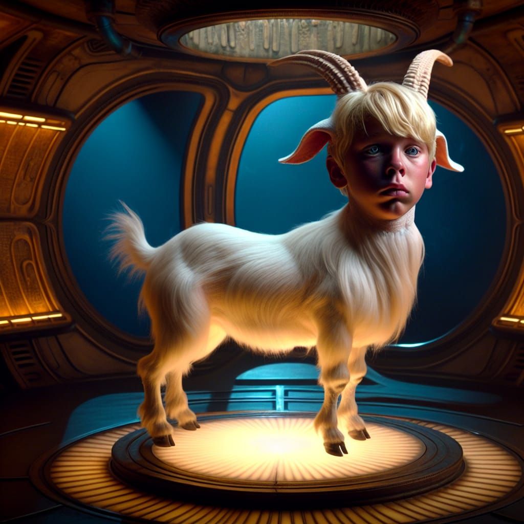 Otherworldly Goat Boy in Whimsical Science Fiction Scene