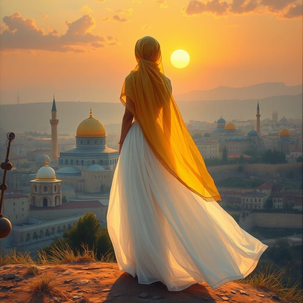 Jerusalem Sunset: Woman in White, Romantic Realism