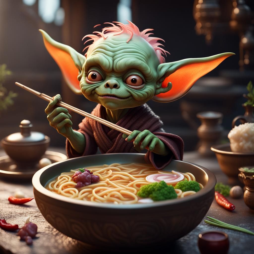 Adorable Goblin Enjoys Ramen: Detailed Fantasy Art