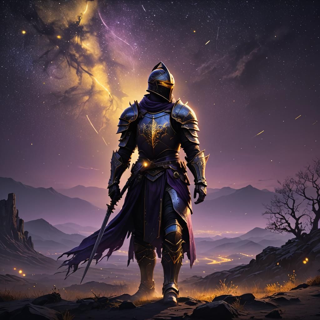 Otherworldly Knight in Starry Dark Fantasy Landscape
