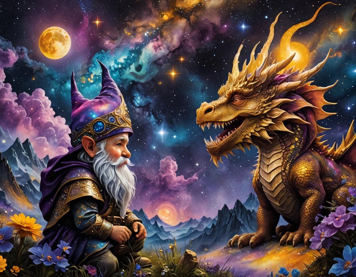 "A gnome enjoy night sky with buddy"