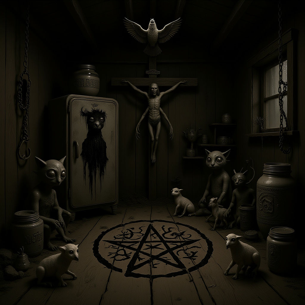 Horror Dreamscape: Surreal Figures in Decaying Cabin