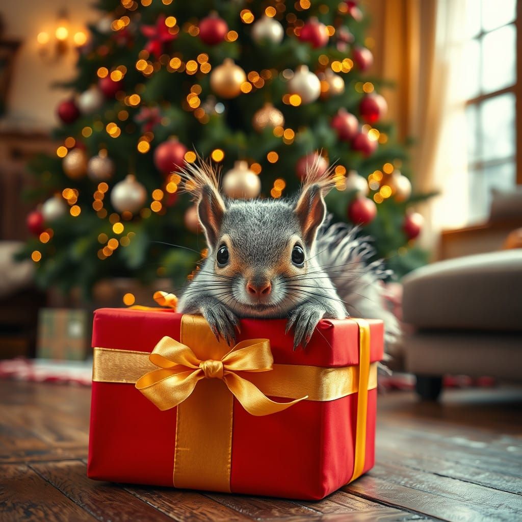 Grey Squirrel Reveals Christmas Gift in Gold Ribbon