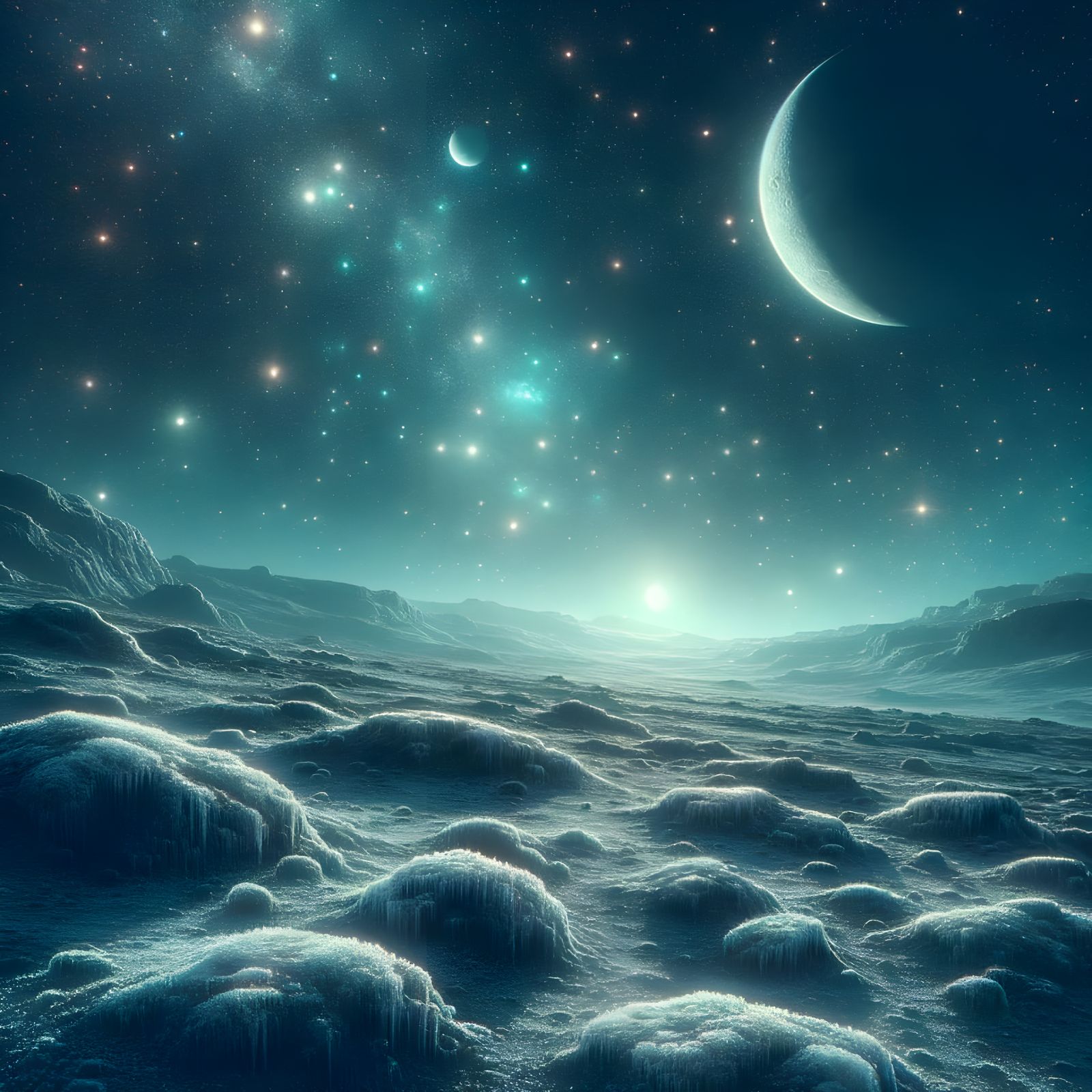 Cosmic Frost: A Celestial Scene on a Rocky Moon