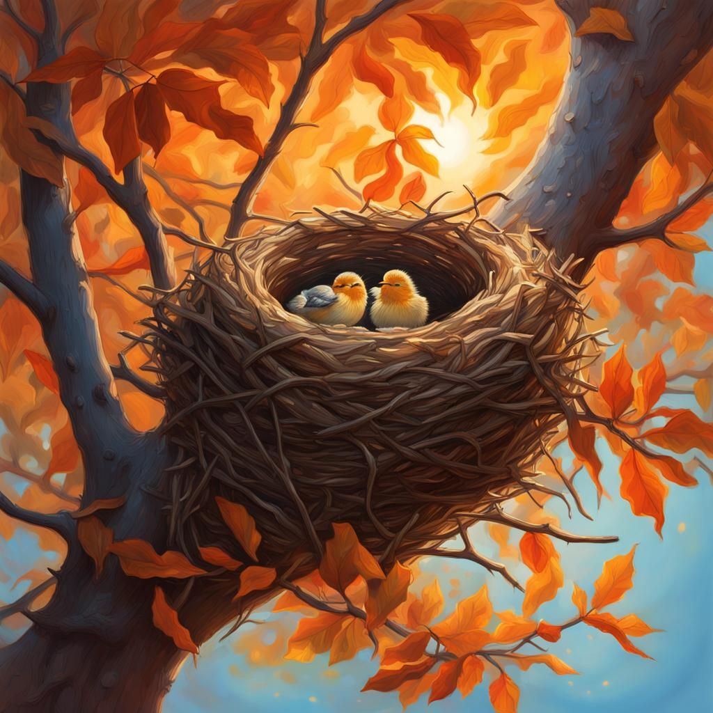 Hyperrealistic Bird's Nest with Glowing Leaves