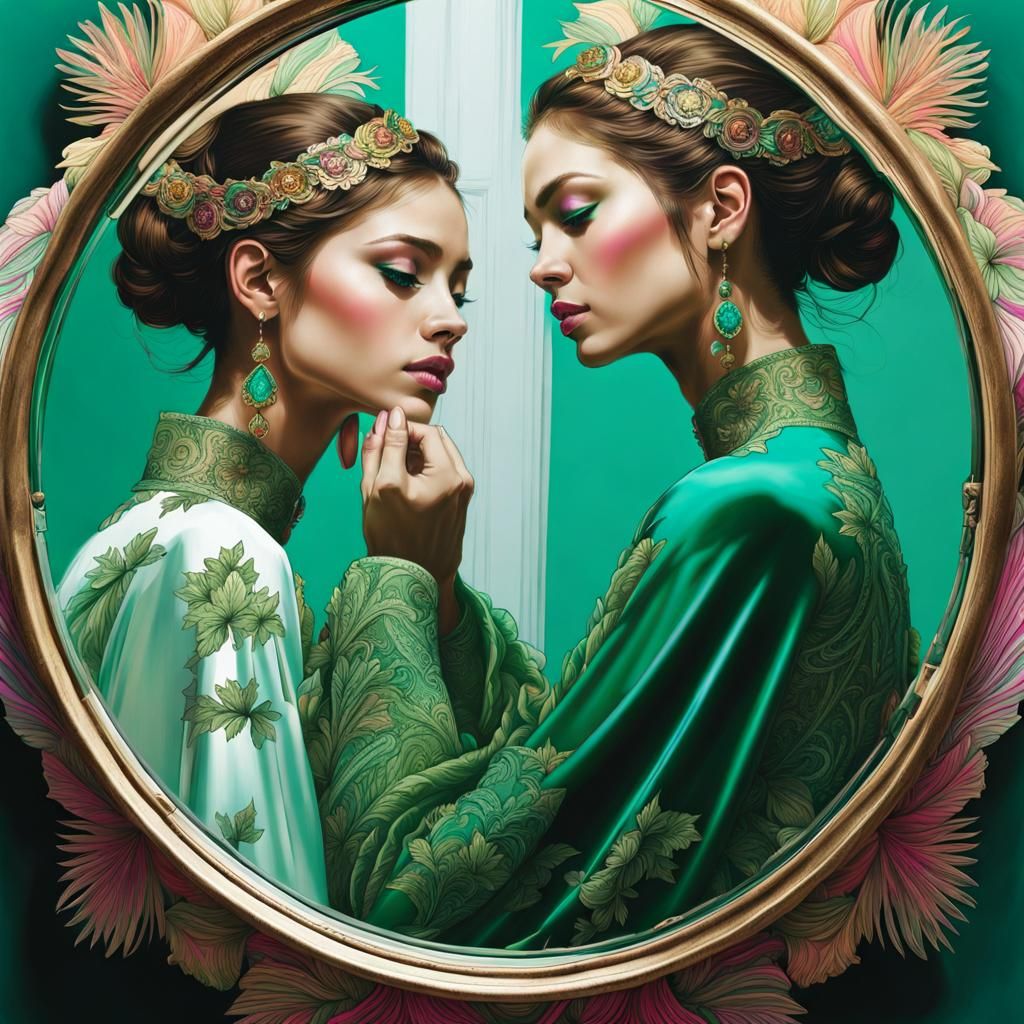 Beautiful Woman in Mirror Image with Elegant Romanticism