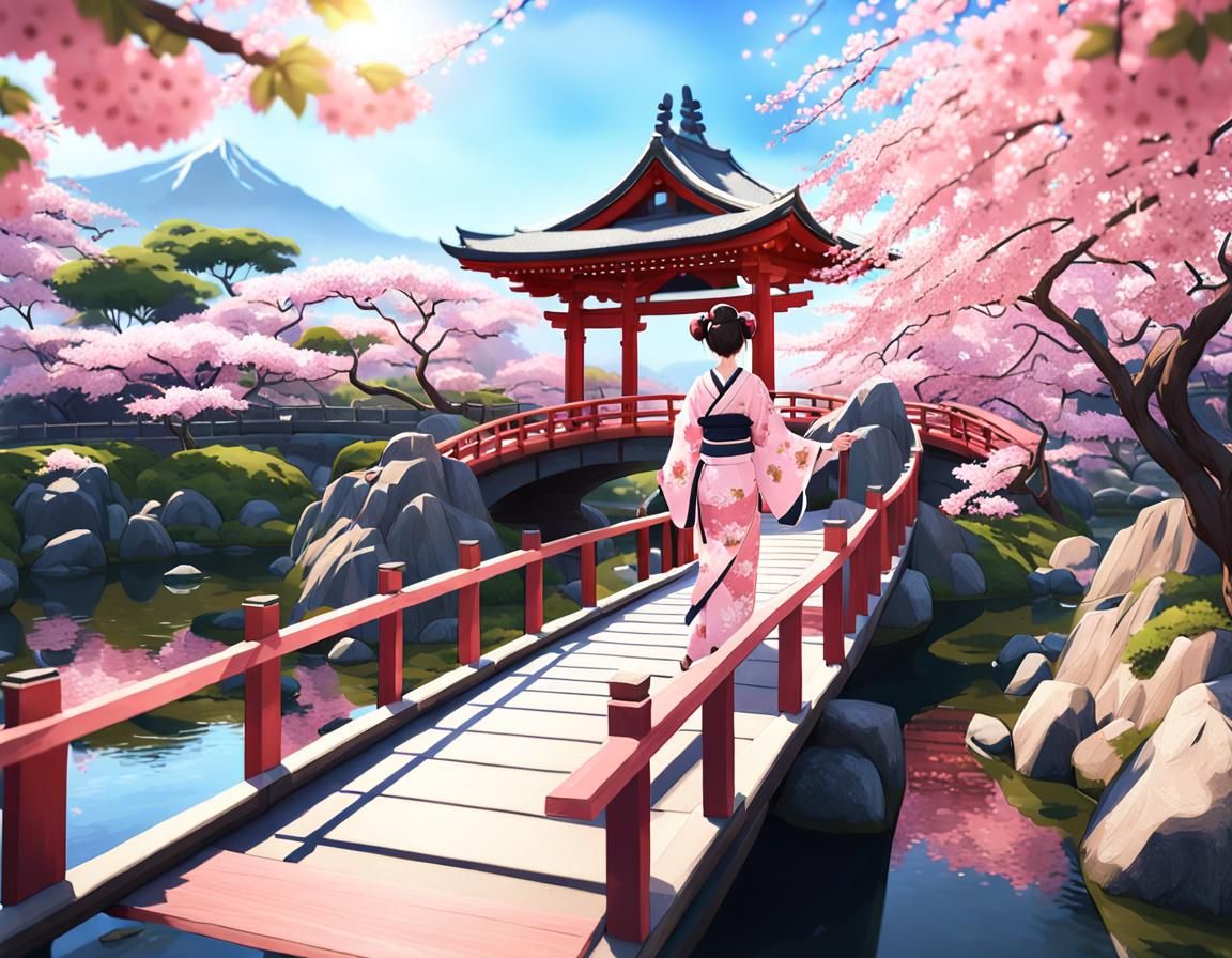 Japanese Garden with Cherry Blossoms in Anime Style