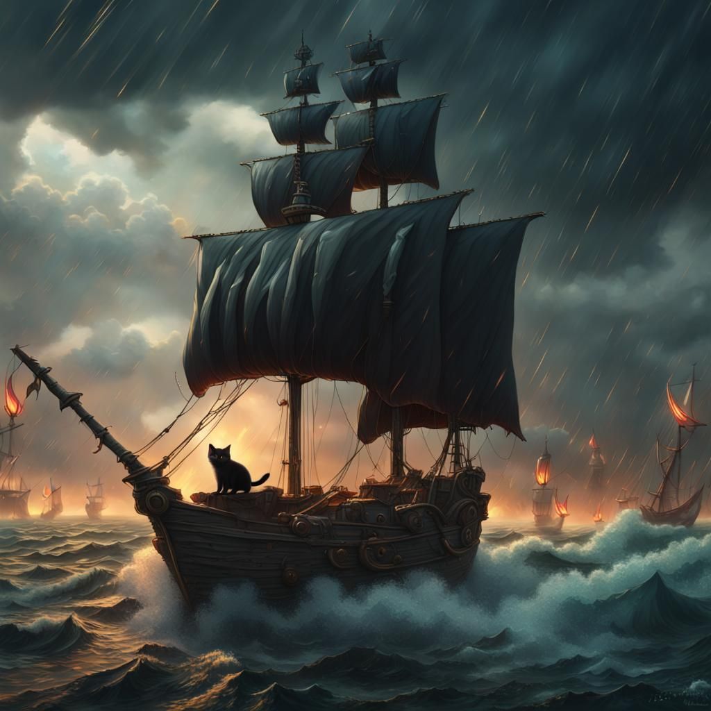 Black Cat Pirate Army Sailing in Yarn Rain