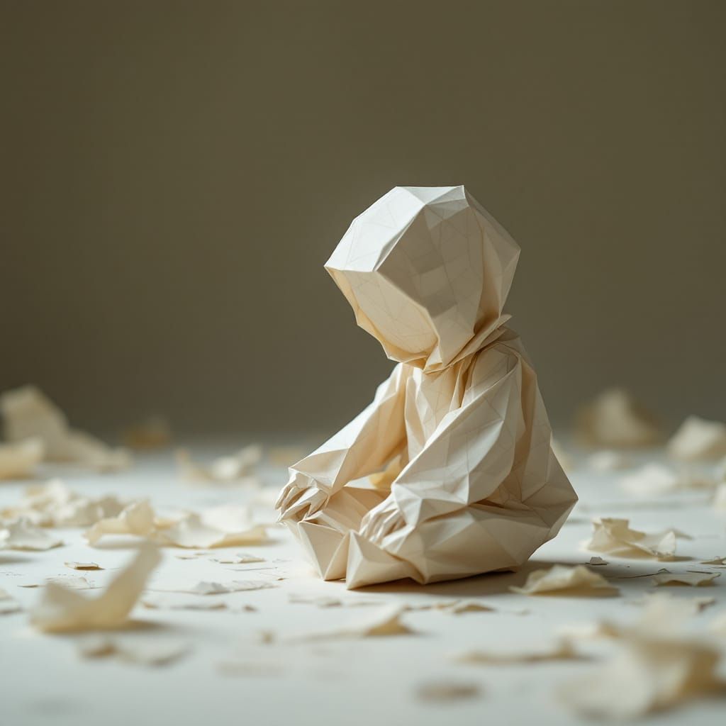 Origami Paper Figure in Desolate Scene