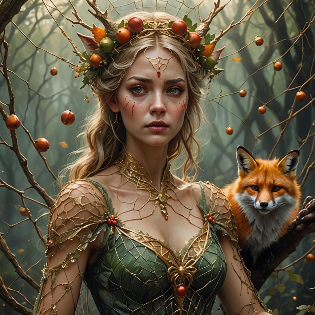 Golden Fairy Scolds Fox: Art Nouveau Portrait