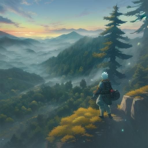 Manga Castle Window View of Mountain Landscape