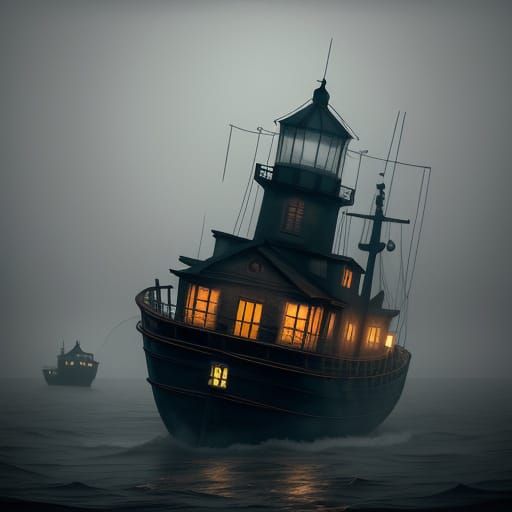 Ghost Lighthouse Tender Sails Through Eerie Fog