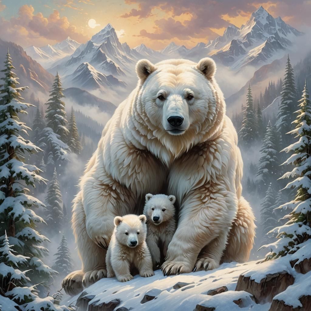 White Bear and Cub in Snowy Mountains