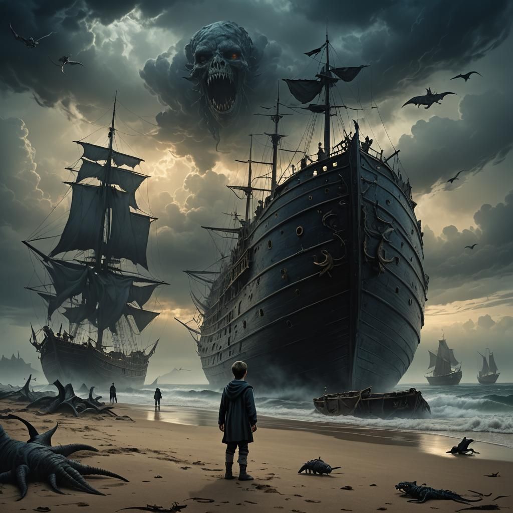 Dark Fantasy: Sailor, Creatures, and Ship