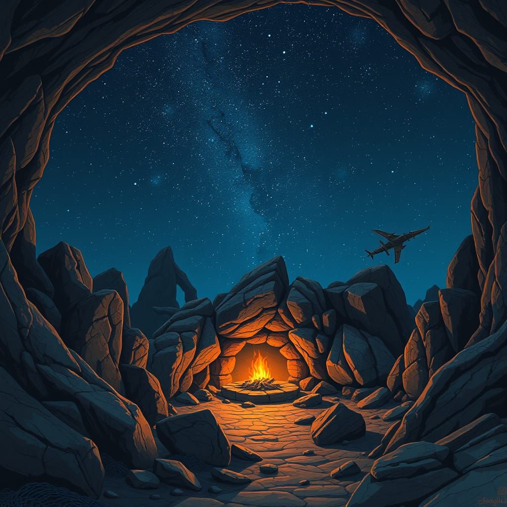 Cozy Cave Fireplace Under Twinkling Starry Sky