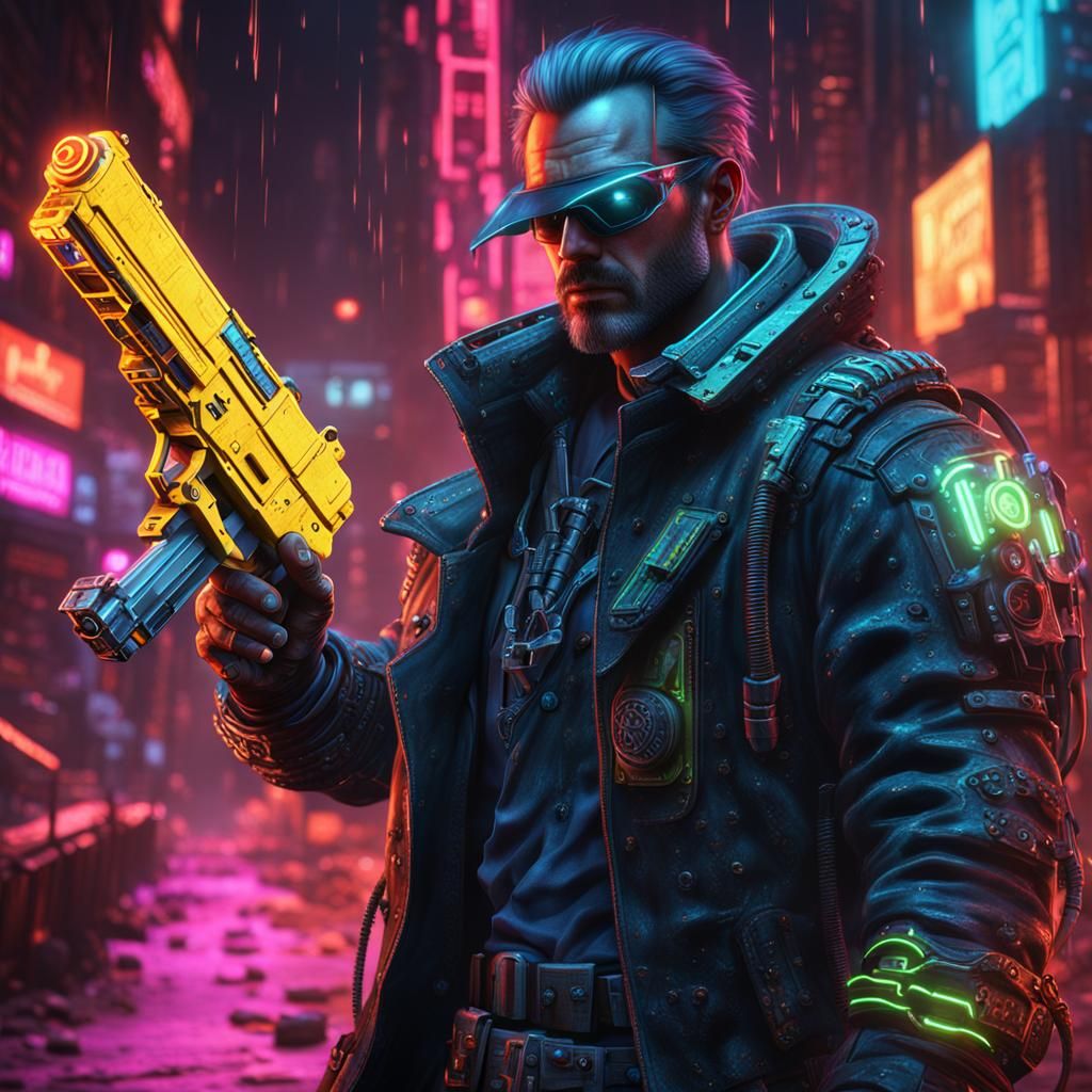 Cyberpunk Gunslinger with Neon Lights, Detailed Matte Painti...