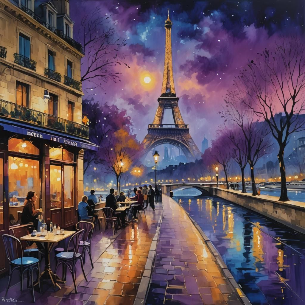 Parisian Street at Night as Mixed Media Painting
