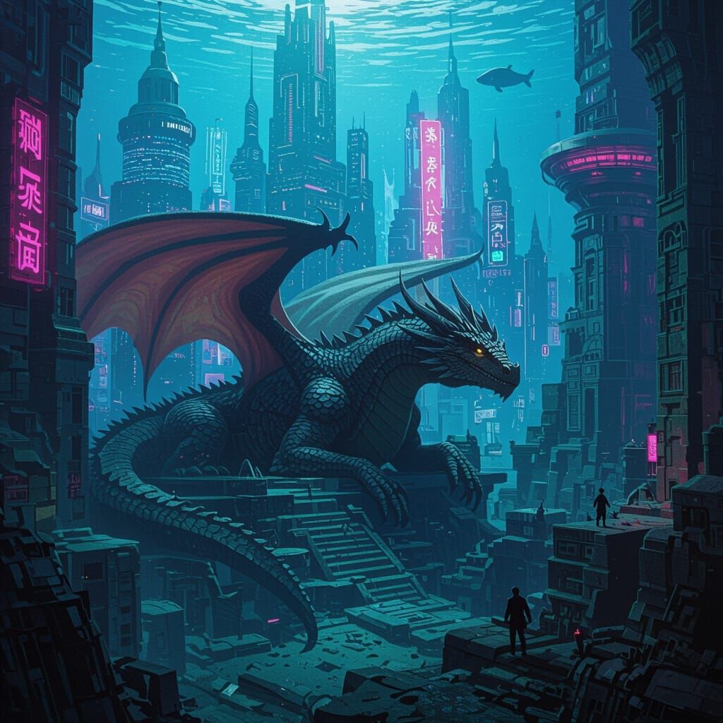 Dragon Resting in Underwater World City Ruins
