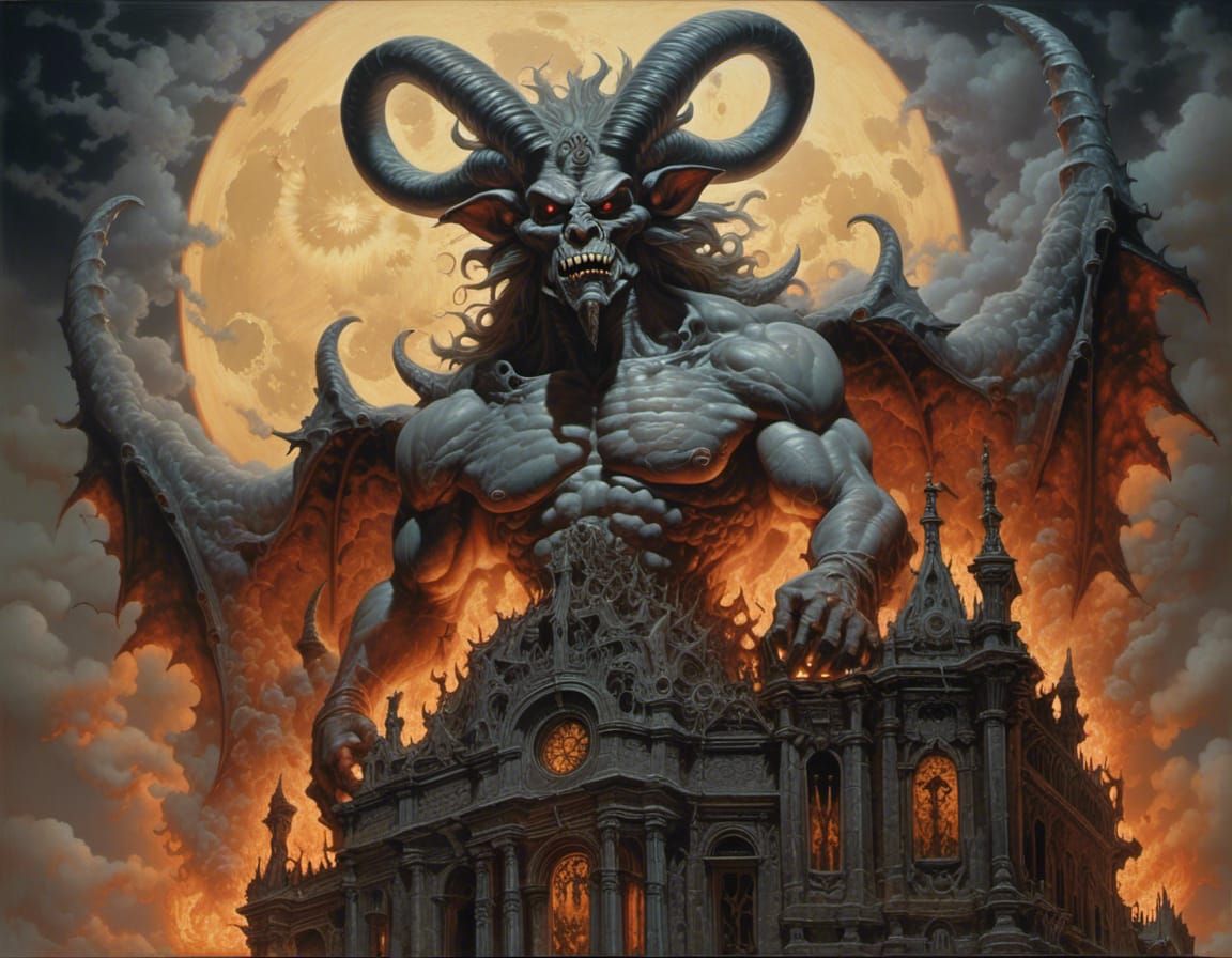 Smoke Demon Above Burning Cathedral at Twilight
