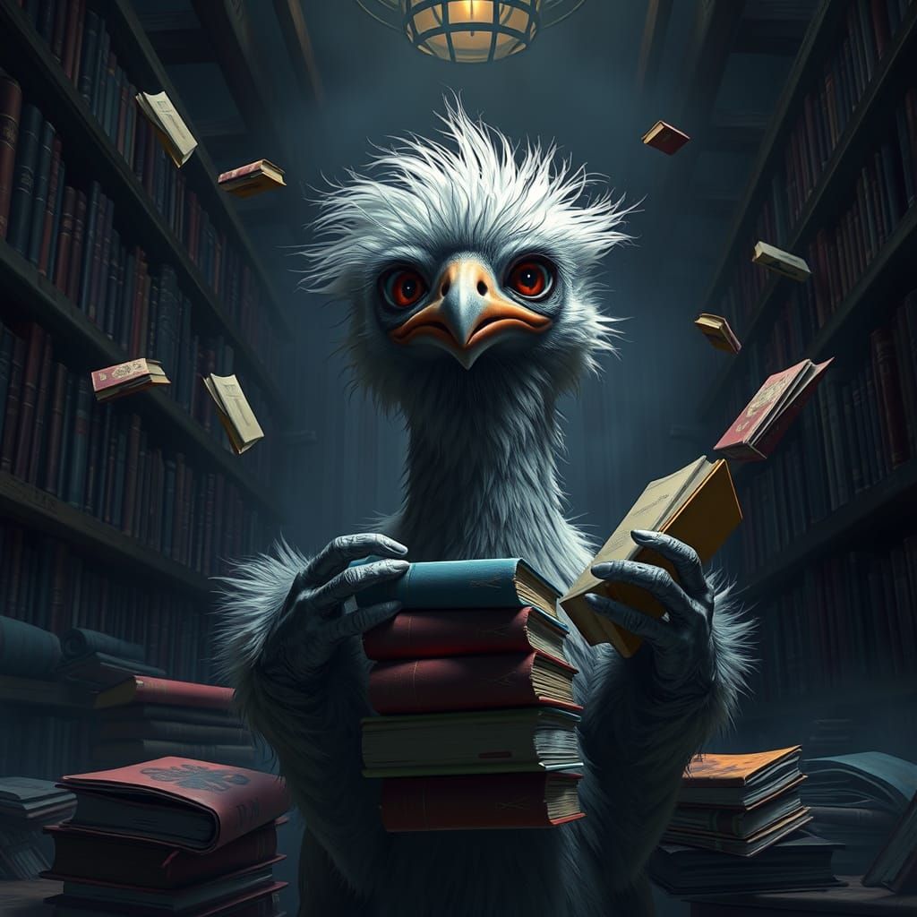 Crying Emu Juggling Books in a Library